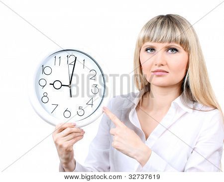 Donna d'affari giovane azienda orologio isolata on white