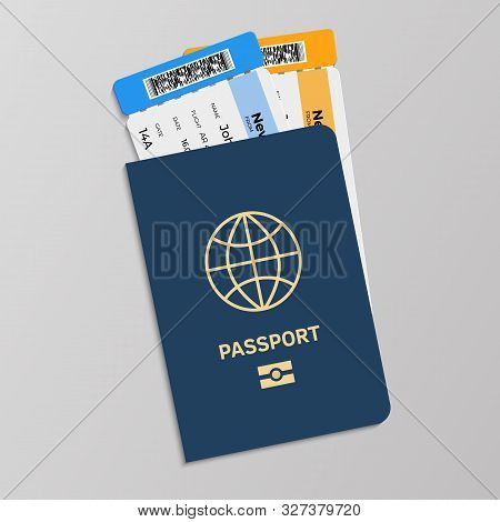 Passport With Boarding Tickets. Hand Drawn Isolated Blue International Document For Presentation In 
