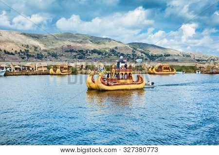 Uros, Peru - Jan 5, 2019. Uros floating islands on Titicaca lake in Puno, Peru, South America.