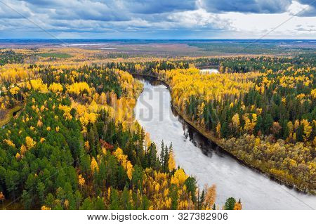 Colorful Autumn Landscape. Aerial Photography Of Landscape In Western Siberia. Agan River, Tributary
