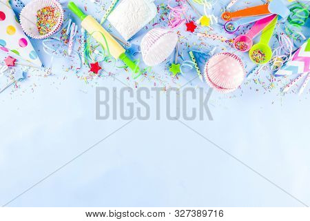 Sweet Baking Concept For Birthday Holiday Party, Cooking Background With Baking Stuff - Rolling Pin,