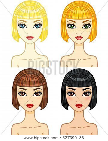 Four Animation Girls Of A Different Phenotype. The Portraits Isolated On A White Background.