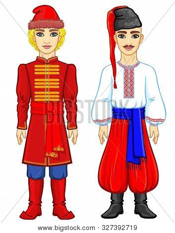 Slavic People. Animation Portrait Of The Russian And Ukrainian Man In Traditional Clothes. Eastern E