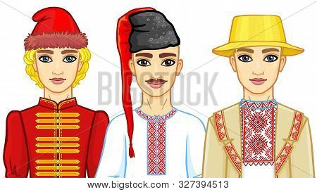Set Of Animation Portraits Of Slavic Men In Traditional Clothes. Belarus, Ukraine, Russia. Fairy Tal
