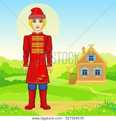 Animation Portrait Of The Young Russian Man  In Traditional Clothes.  Fairy Tale Character. Full Gro