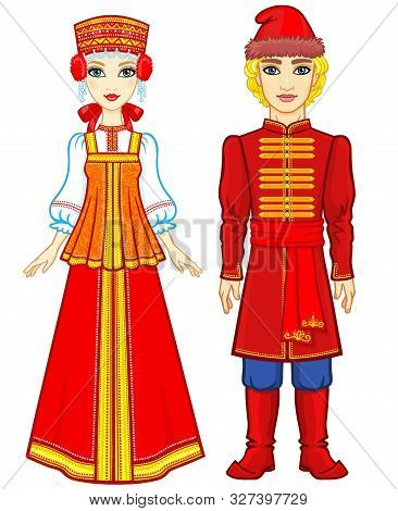 Animation Portrait Of A Family In Ancient Russian Clothes.  Full Growth. Vector Illustration Isolate