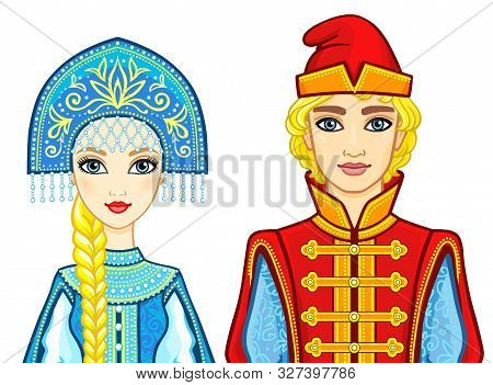 Animation Portrait Of A Family In Ancient Russian Clothes. Vector Illustration Isolated On A White B