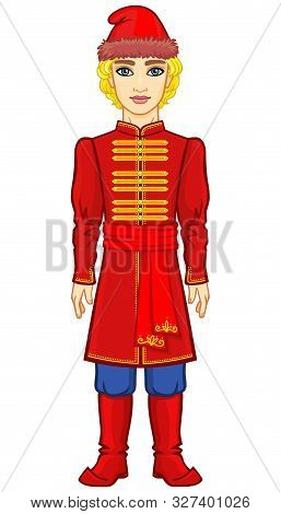 Portrait Of A Young Slavic Man In Ancient Russian Clothes. Full Growth. Vector Illustration Isolated