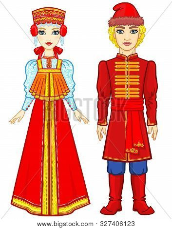 Animation Portrait Of A Family In Ancient Russian Clothes.  Full Growth. Vector Illustration Isolate
