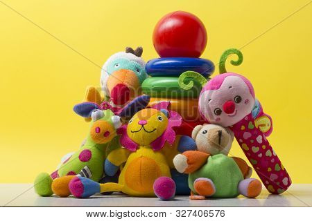 Kids Educational Developing Toys Frame On White Background. Top View. Flat Lay. Copy Space For Text