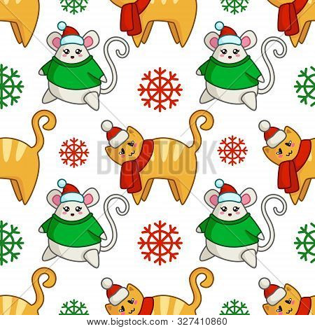 Christmas Seamless Pattern With Kawaii Fat Mouse - Sumbol Of 2020 - And Cute Cat In Santa Hat, Snowf