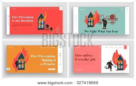 Set Of Fire Rescue Department Landing Page. Fireman Fighter Team With Equipment, Truck, Hydrant, Ext