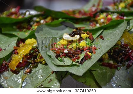 Banarasi Pan, Betel Nut Garnished With All Indian Banarasi Ingredients For Sale (selective Focus)