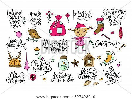 Winter And Christmas Vector Set. Calligraphy Lettering Greeting Text And Cartoon Doodle Holiday Illu