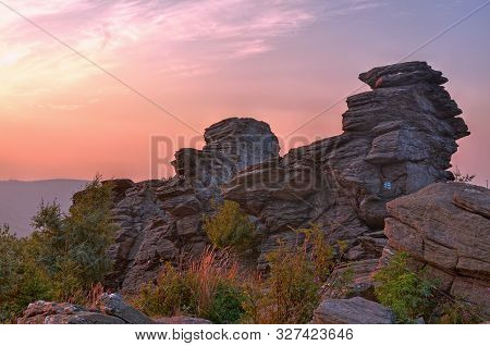 Big Rocks At Purple Romantic Sunset In Jeseniky Czech Republic