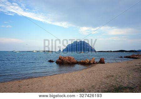 Beach in Porto San Paolo, Sardinia, Italy. View to Tavolara island.               