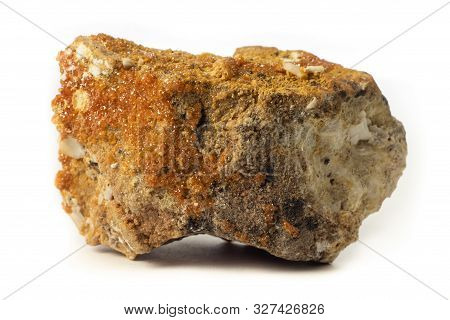 Rock From Morocco With Natural Vanadinite Crystals Isolated On Pure White Background