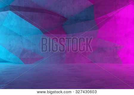 Abstract Empty, Modern Concrete Room With Cyan And Pink Neon Colored Sidelit Back Polygonal Wall And