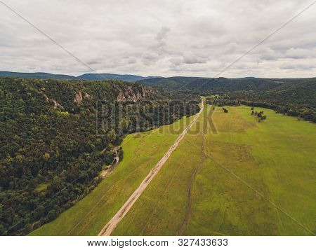 Summer Warm Sun Light Forest Aerial View.