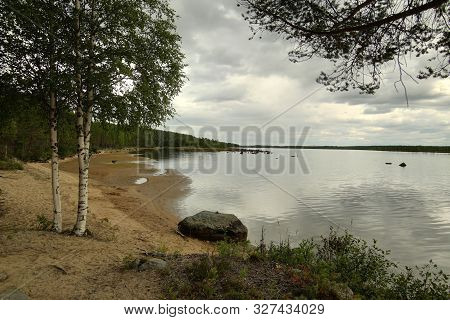 Beach At The Stream Skelleftealven In Vasterbotten, Sweden