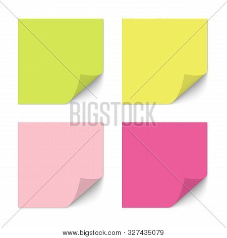 Blank Color Paper Sticker With Curled Corner Isolated, Vector Blank Template. Realistic Pink, Yellow