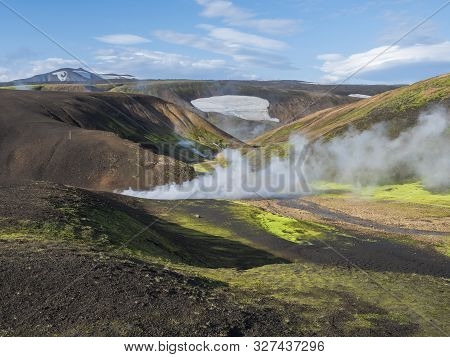 Landmannalaugar Colorful Rhyolit Mountains With Steam From Hot Spring On Famous Laugavegur Trek. Fja