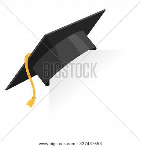 Graduation Cap Or Mortar Board On Paper Corner. Vector Education Design Element Isolated On White Ba