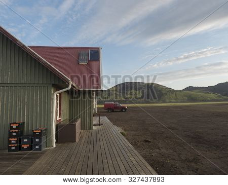 Iceland, Fjallabak Nature Reserve, August 1, 2019: Tourist Hut At Alftavatn Camping Site With Suppli