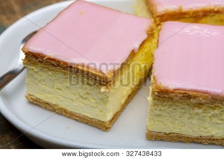 Tompoes Or Tompouce, Iconic Pastry In Netherlands And Belgium Made From Puff Dough, Icing, Cream