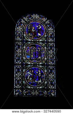 Le Mans, Maine, France - May 28: Stained Glass Window At Cathedral Of Saint Julian (cathedrale St-ju