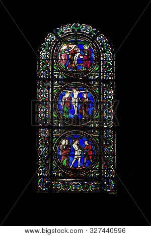 Le Mans, Maine, France - May 28: Stained Glass Window At Cathedral Of Saint Julian (cathedrale St-ju