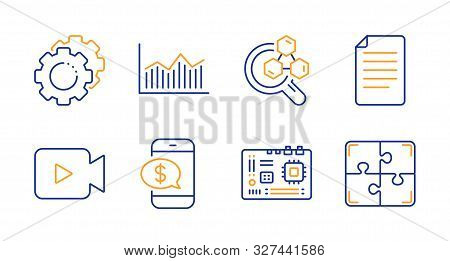Settings Gears, File And Money Diagram Line Icons Set. Motherboard, Chemistry Lab And Video Camera S