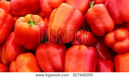 Red Thick-walled Bell Pepper. Lots Of Sweet Pepper For Background. Vegetable Growing, Agriculture. F