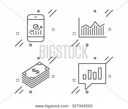 Money Diagram, Smartphone Statistics And Dollar Line Icons Set. Analytical Chat Sign. Currency Diagr