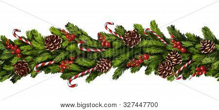 Christmas Wreath, Decorative Christmas Ornament, Seamless Texture, Art Illustration Painted With Wat