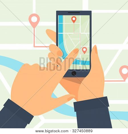 Hands Hold A Smartphone. Phone Gps Navigation In The With A Red Pointers. Gps Tracking Map.