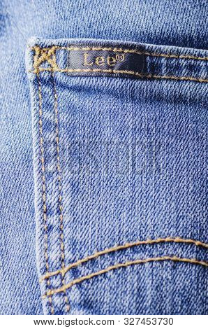 Closeup Of Lee Label On Clothes. Lee Is An American Brand Of Denim Jeans, First Produced In 1889 In 