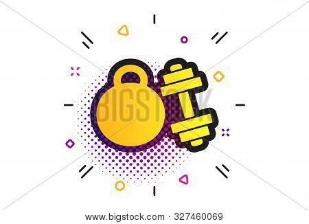 Dumbbell With Kettlebell Sign Icon. Halftone Dots Pattern. Fitness Sport Symbol. Gym Workout Equipme