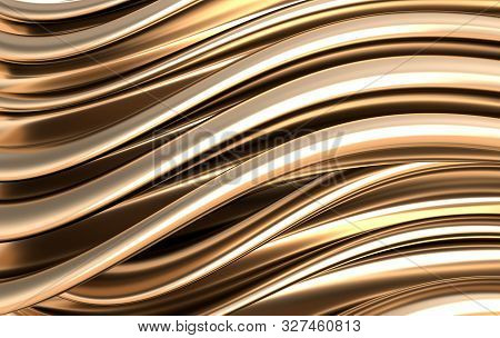 Golden Foil Waves Background. Silk Fabrick Abstract 3d Render