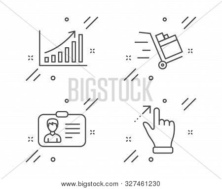Push Cart, Graph Chart And Identification Card Line Icons Set. Touchscreen Gesture Sign. Express Del