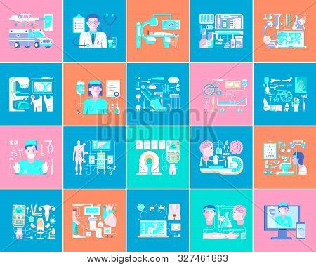 Set Of Medicine Flat Icons Set. Medical Symbols Bandl. Flat Art Vector Illustration