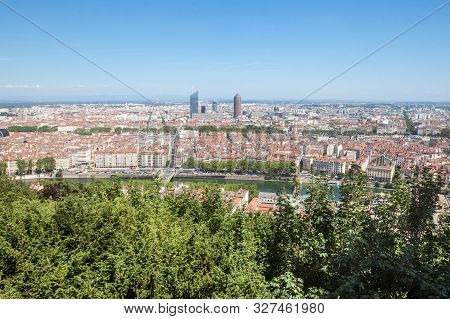 Aerial Panoramic View Of Lyon With The Skyline Of Lyon Skyscrapers Visible In Background And Saone R