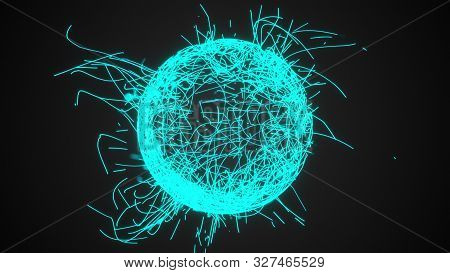3d Rendering, Computer Generated Sphere Or Ball Of Numerous Neon Particles And Lines On A Black Back