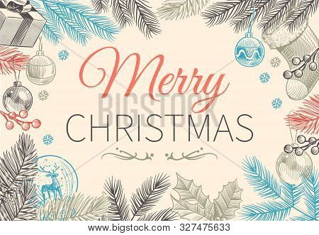 Christmas Evergreen Border. Vintage Holiday Green Winter With Holly Branches And Berry For Design Bo