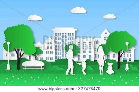 Paper Eco City. Family With Kids In Green Natural Park, Urban Ecosystem And Natural Energy Origami, 