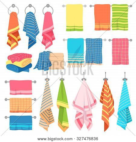 Hanging Towels. Hang Fabric Soft Color Fresh Textile Kitchen Or Bath Towel Vector Isolated Set With 