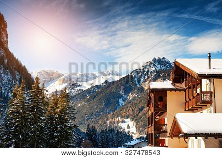 Ski Resort In Winter Dolomite Alps. Canazei, Val Di Fassa, Italy. Winter Holidays, Travel Destinatio