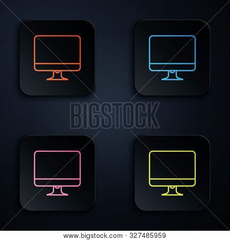 Color Neon Line Computer Monitor Screen Icon On White Background. Electronic Device. Front View. Set