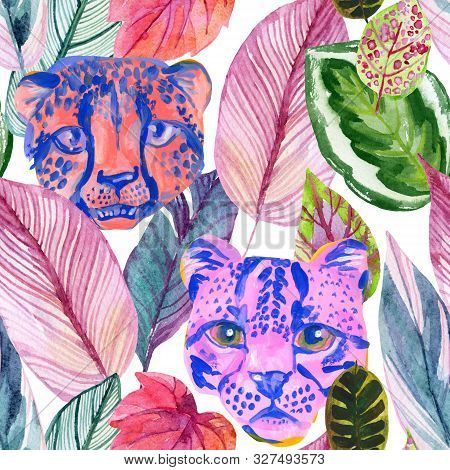 Bright Watercolor Tropical Botanical Illustration With Colorful Leaves And Wild Animal Heads.