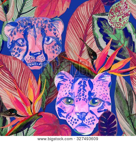 Bright Watercolor Tropical Botanical Illustration With Colorful Flowers, Leaves, Wild Animal Heads.